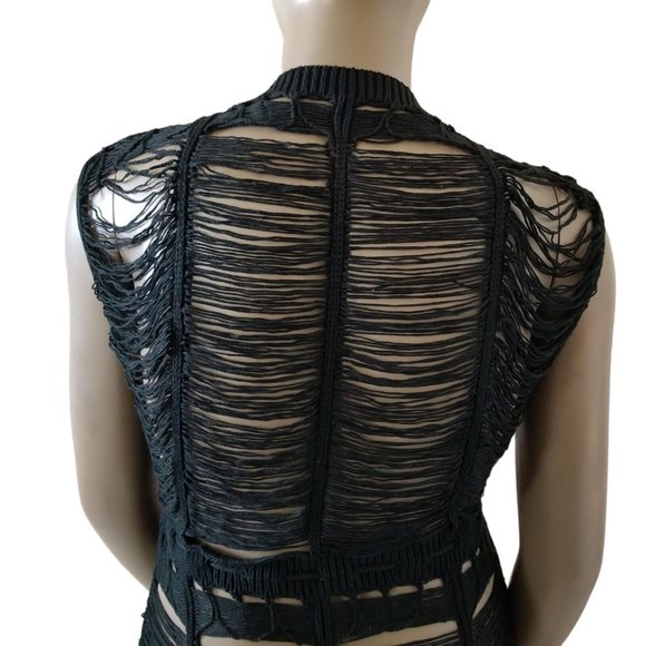 Distressed Tie Waist Short Sleeve Fringe Knit Cover Up Robe Womens XXL Black - Picture 11 of 15